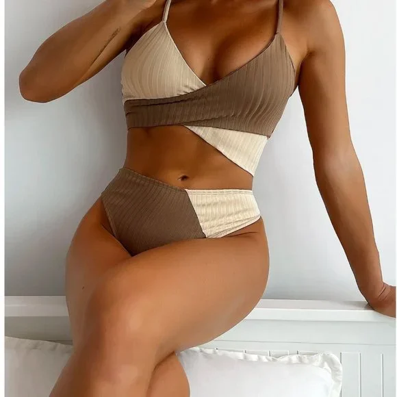 Color Block Wrap 2pc Bikini Swimsuit Bathing Suit - Picture 3 of 5